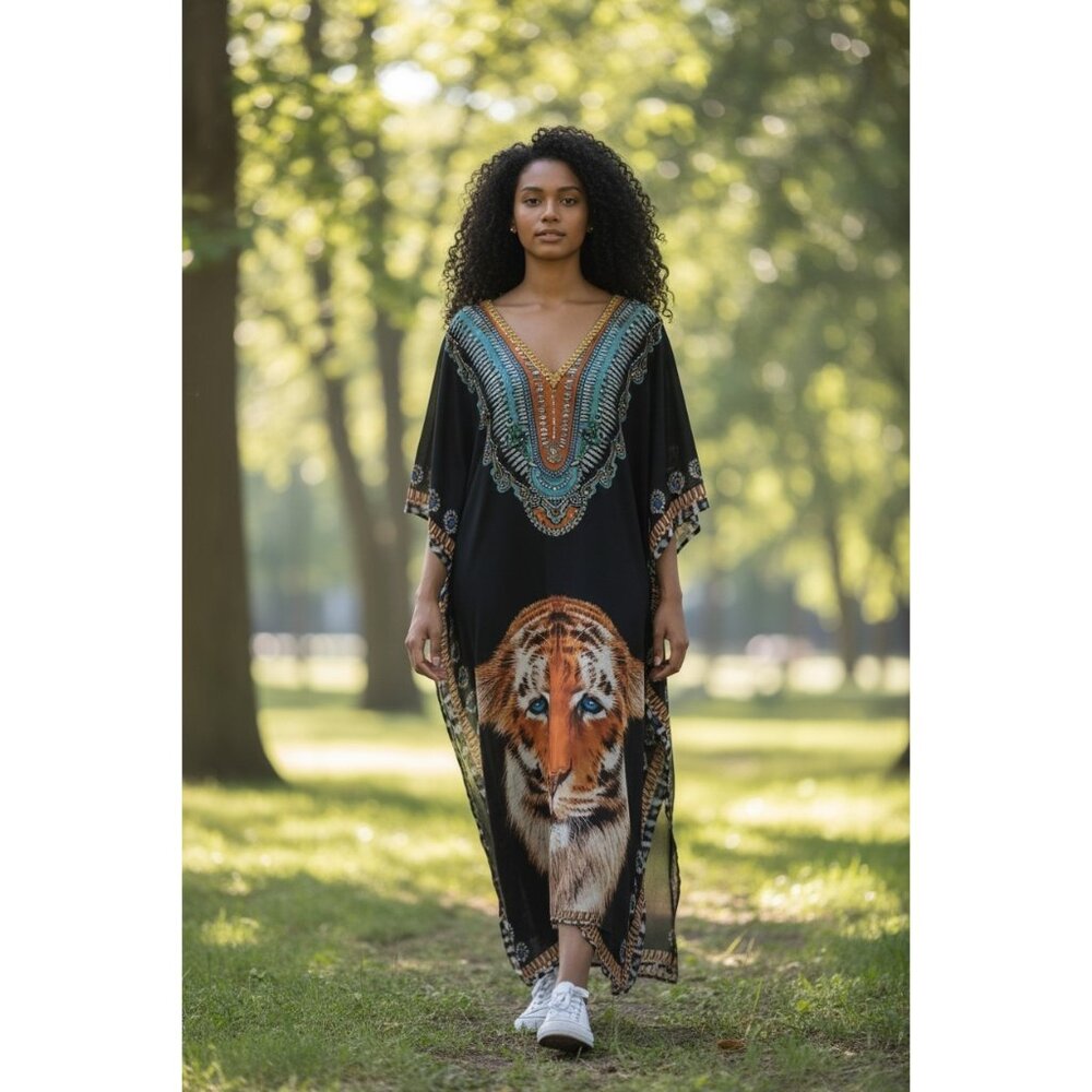 Asa Kaftans Sheer Animal Print Tiger Dress Wmn XL Safari Jungle